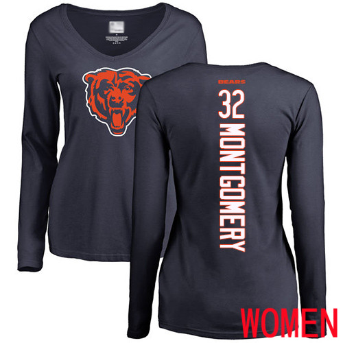 Chicago Bears Navy Blue Women David Montgomery Backer NFL Football #32 Long Sleeve T Shirt